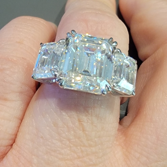 12 Carat GRA Certified ThreeStone Emerald Cut Moissanite Wedding Engagement Ring - Picture 3 of 4